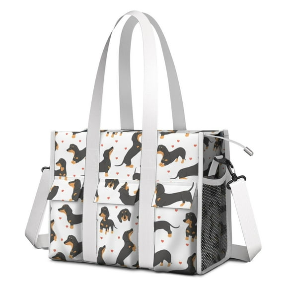 Teacher Tote Bag,Dachshund and Heart Teacher Utility Tote Bag,Large Work Tote Bags for Women with Multiple Pockets,Top Zipper Closure,13.8x10.6x6.7 Inch