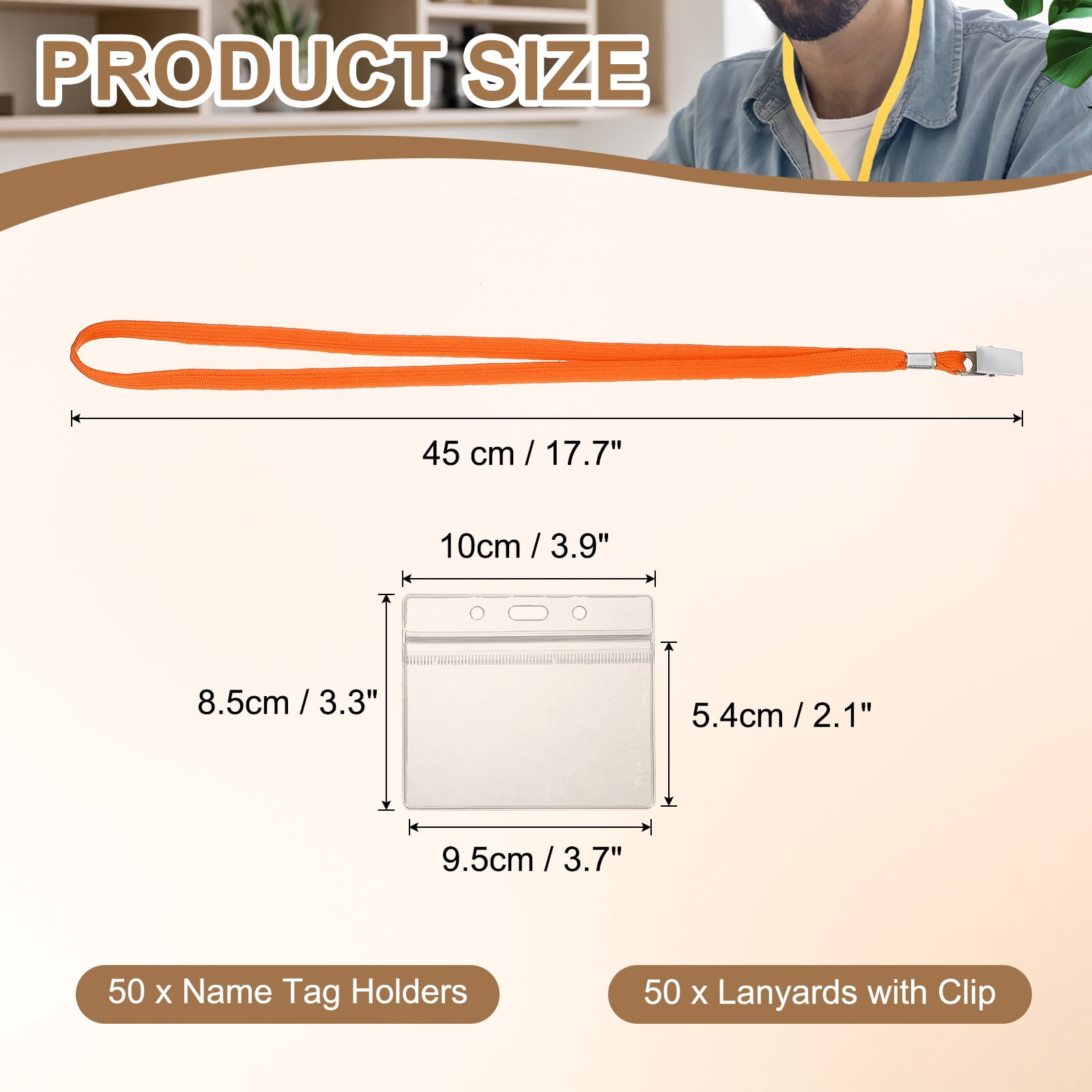 Uxcell 50 Set Name Tag Holders with Lanyard, Plastic Waterproof Horizontal Badge Holder with Alligator Clip Lanyards for ID Badges Office Teacher Events Meetings, Orange(4x2 Inch)