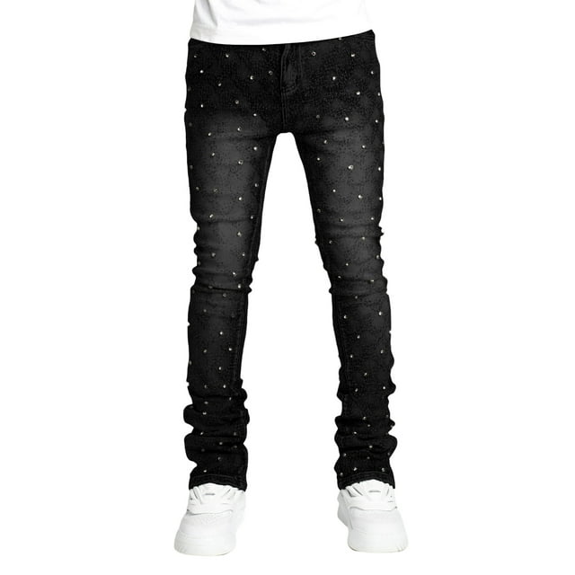 Gupgi Jeans for Men Skinny Rhinestone Denim Pants Streetwear Slim Fit Trousers with Pockets