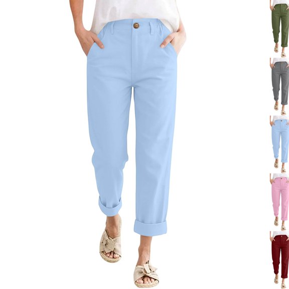 Linen Pants Women Petite High Waisted Cropped Pants Summer Beach Ankle Length Straight Leg Tapered Trouser Pant with Pockets,Sky Blue 2XL
