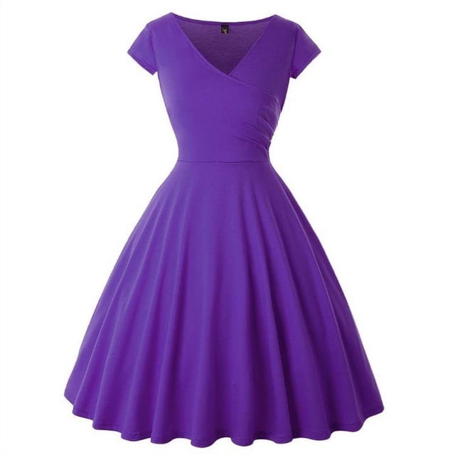 Women Bamboo Pure Color Ruffle V Neck Dress Short Sleeve Knee Length Dresses Ladies Casual A-Line Dress
