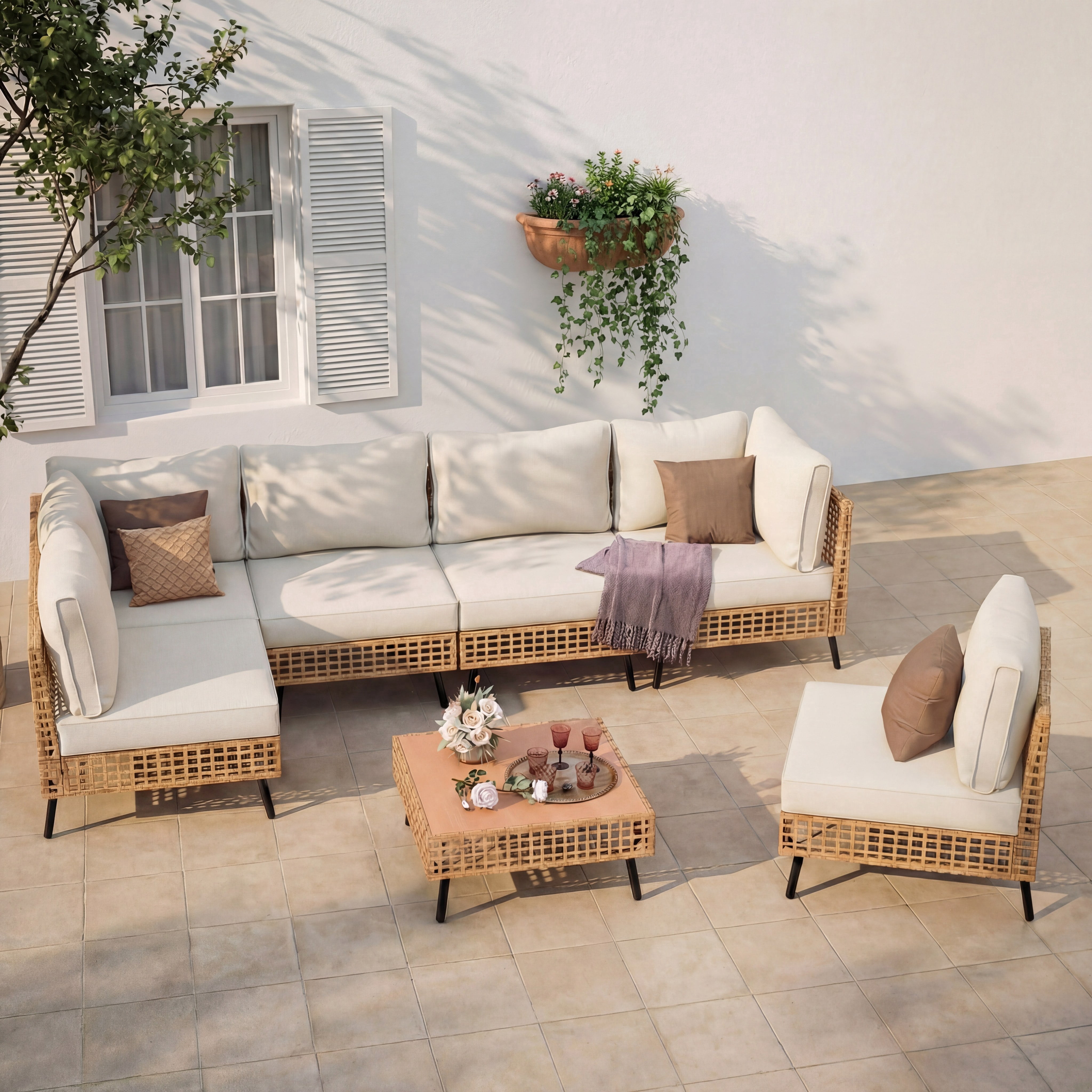 LAUSAINT HOME 7-Piece Outdoor Wicker Patio Furniture Conversation Set, Sectional Sofa with Cushions, Beige