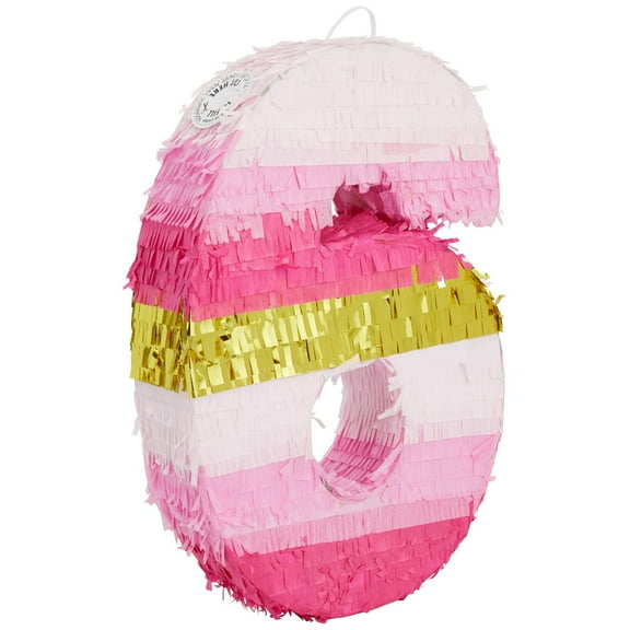 BLUE PANDA Number 6 Pinata, Pink and Gold Foil for Kids Ages 3-14 Birthday Party Decoration, Fiesta, Anniversary Celebration, Small (16.5 x 11 In)