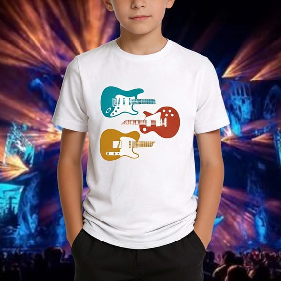 Kids Vintage Retro Guitar Print T-Shirt Round Neck Short Sleeve Tops (White 9-10 Years)