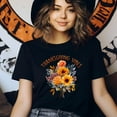 thumbnail image 3 of Thanksgiving Vibes T-Shirt | Autumn Sunflower and Rose Bouquet Graphic Tee, Heliconia, Size M, 3 of 6