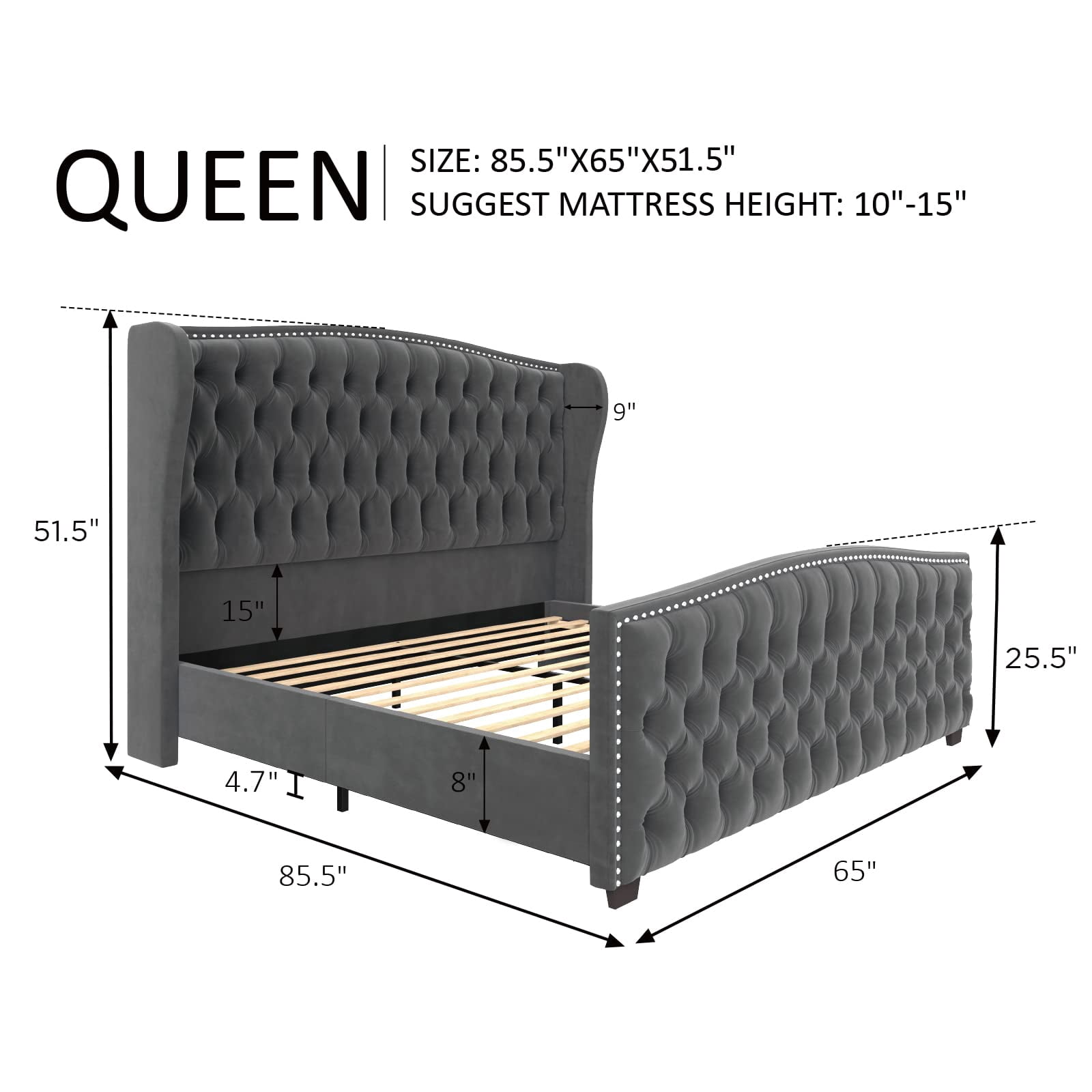 VANACC Queen Size Bed Frame, Velvet Upholstered Bed with Deep Button Tufted Wingback Headboard，Grey