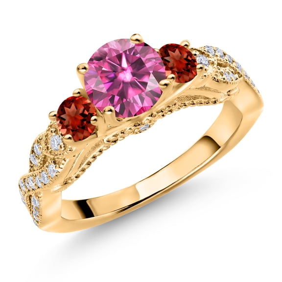 Gem Stone King 18K Yellow Gold Plated Silver Pink Moissanite Red Garnet and White Moissanite Engagement Ring for Women (1.37 Cttw, Gemstone, Round 6MM and 3MM, Size 6)