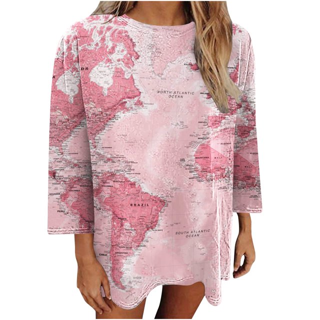 Camiseta holgada estampada a la moda para mujer, blusa de manga 3/4 de longitud media, Tops informales con cuello redondo Pompotops FGAJ3647