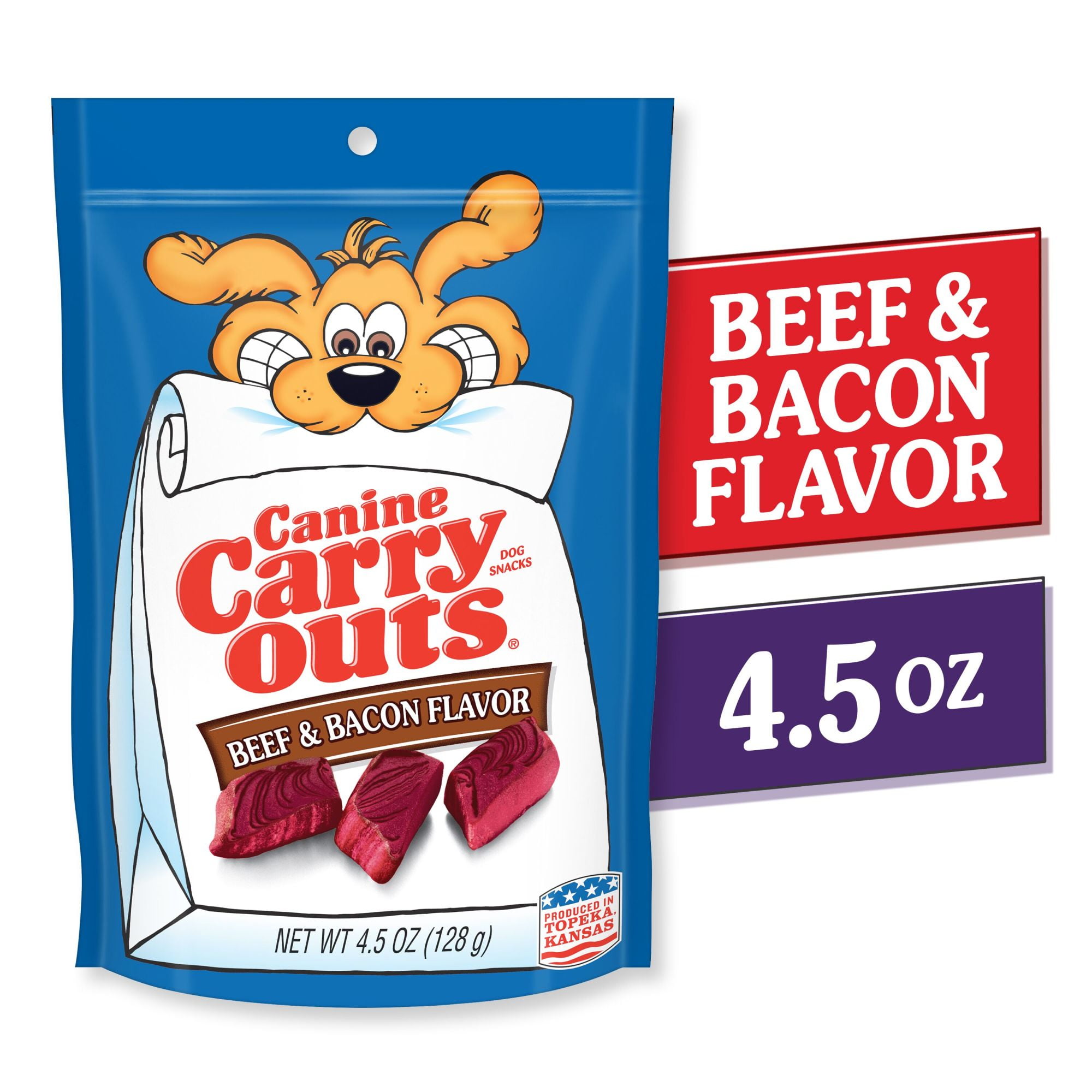 (4 pack) Canine Carry Outs Beef & Bacon Flavor Dog Treats, 4.5oz Bag