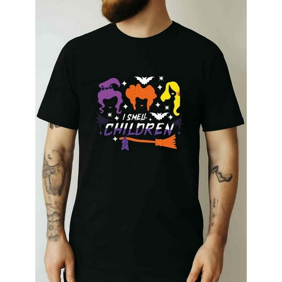 Men's Halloween T-Shirt - Funny "I Smell Children" Witch Design - Heavyweight 180gsm Cotton Crew Neck Tee - Spooky Party Costume Everyday Shirt - Machine Washable Horror Comedy Apparel for Adults, H