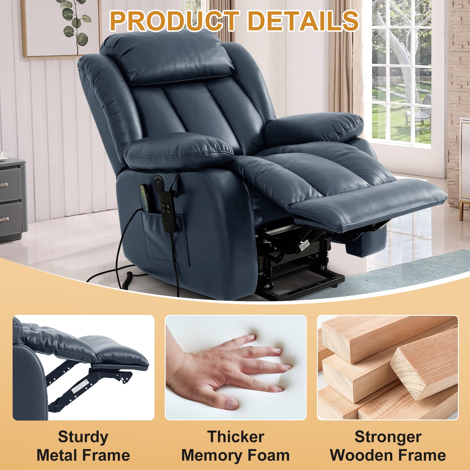 INGALIK Power Lift Recliner Chair Dual Motor, Infinite Position Lay Flat Recliners for Adult & Elderly with Heat & Massage, Large, Type-C Charge, Lumbar Pillow for Living Room, Leather (Blue)