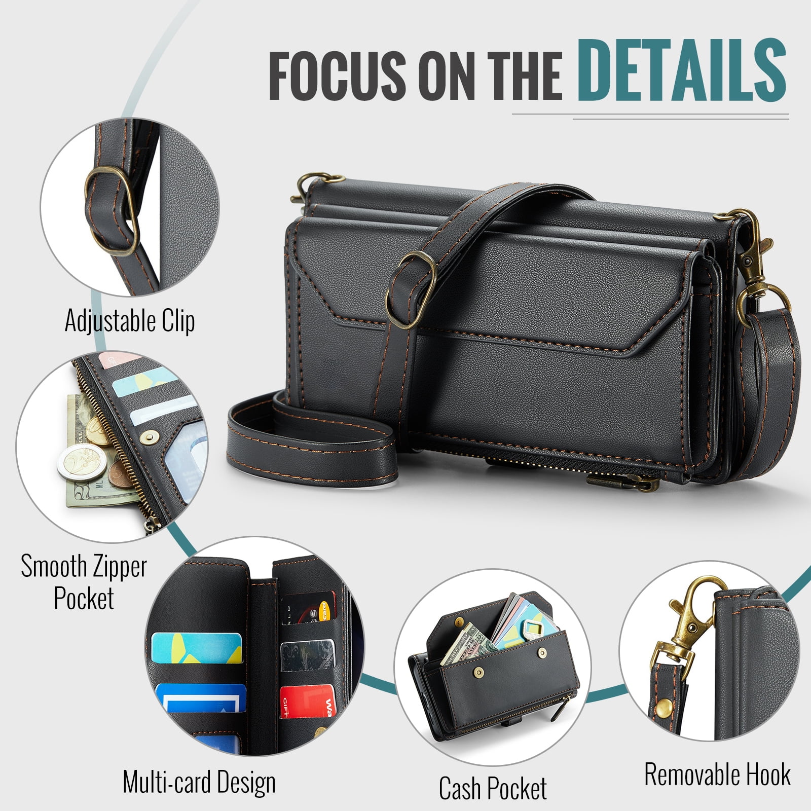 Compatible with Samsung Galaxy S23 5G Zipper Wallet Phone Case Tempered Glass Screen Protector Crossbody Lanyard Strap Flip Card Holder Slot Cell Cover for S 23 23S GS23 G5 SM-S911U 6.1 Women Black