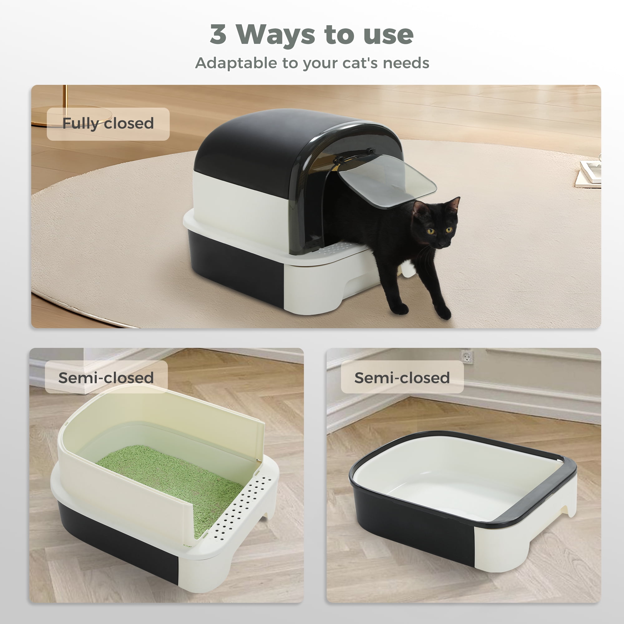 PAWZ Road Large Cat Litter Box with Scoop Litter Box with Lid Double-layer Leak-proof Litter Box for Cat, Black