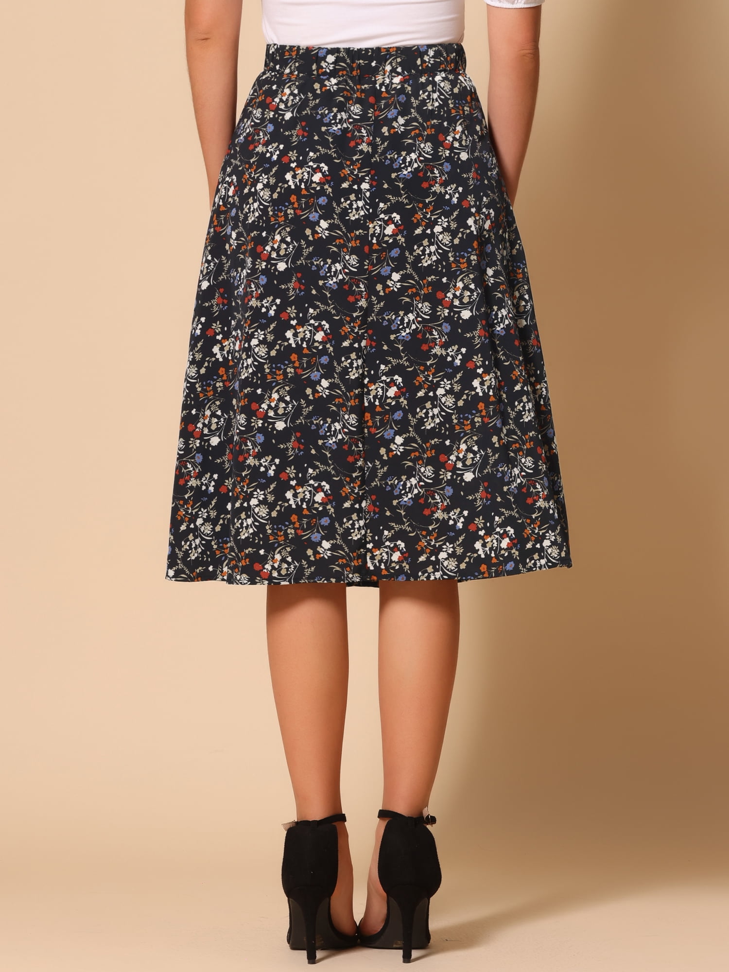 DARING DIVA Women's Floral Print A-Line Midi Skirt Skirts M Black Red