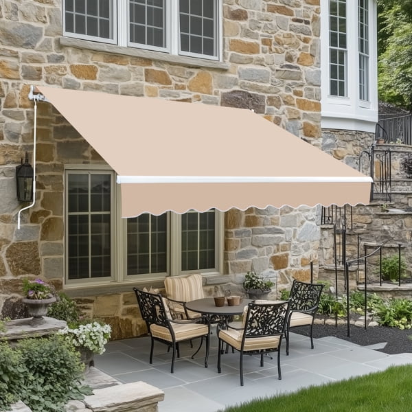 10x8FT Retractable Patio Awning – Khaki Polyester Canopy, Adjustable Slope 40°-90°, Steel-Aluminum Frame – for Decks, Patios & Commercial Shading