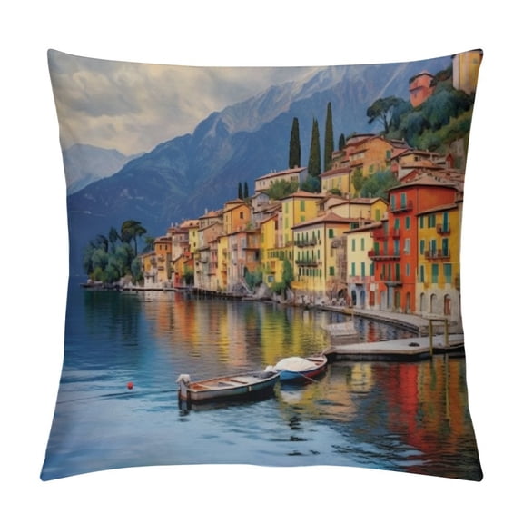 JRXY  Italian Throw Pillow Cushion Cover, Summer Village by The Mediterranean Sea with Yacht Boats Idyllic Town Panorama, Decorative Square Accent Pillow Case, Brown and White