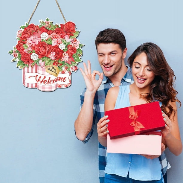 Cartel colgante de madera con ramo de rosas de San Valentín - Decoración romántica para la pared de casa, puerta o fiesta - 1 pieza
