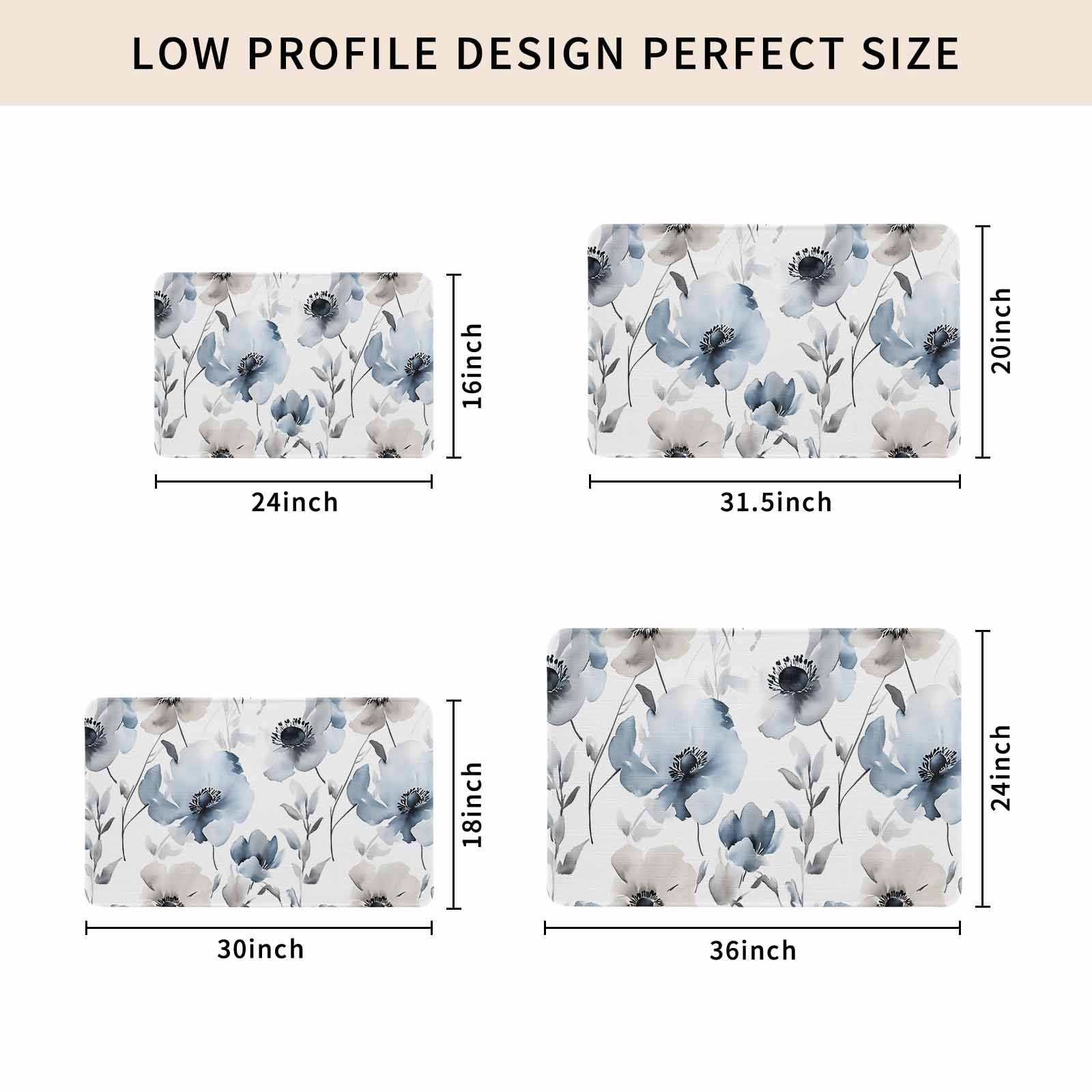 Blue Grey Spring Floral Doormat Outdoor Entrance 16"x24", Elegant Summer Botanical Absorb Moisture Dirt Door Mats, Non-Slip Rubber Backing Floor Mats Indoor, Low-Profile Front Door Rugs