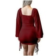 thumbnail image 7 of Women Puff Long Sleeve Dress Solid Color Square Neck Slim Fitted Mini Dress Drawstring Ruched Short Club Dress, 7 of 7