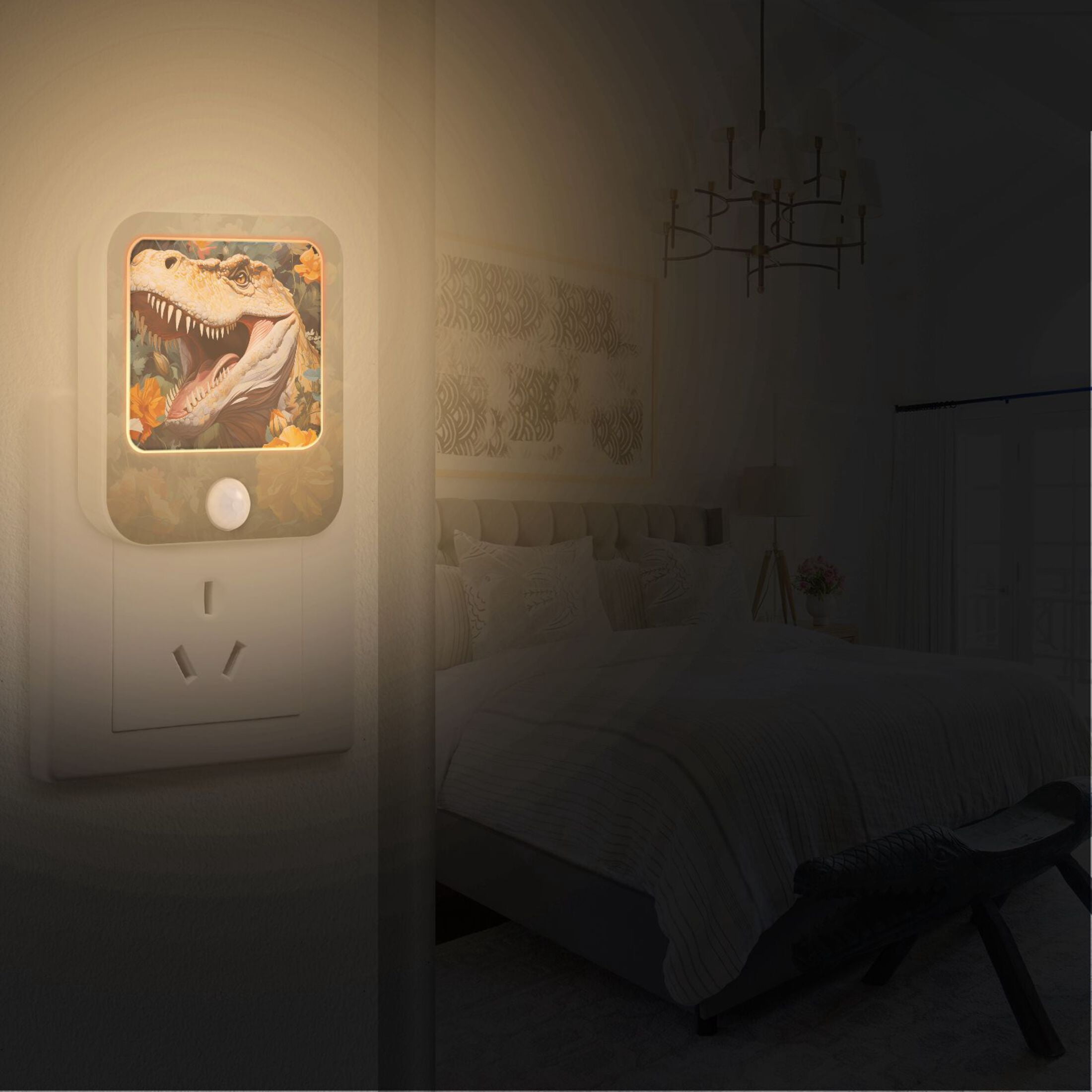 Dinosaur Flowers Leaves Night Lights Plug into Wall LED with Auto Light Sensor Warm Light for Kids Hallway Bedroom Living Room Kitchen Bathroom Set of 2