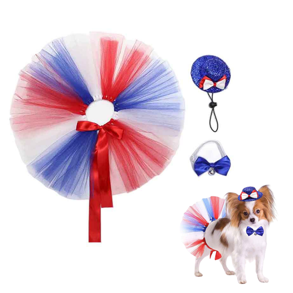 chaungfeng 3 Pieces Dog Costume, Independence Day Patriotic 4th of July Tutu Skirt and Bowtie Headband Fancy Collar for Small Dog Costume Decorations Supplies, White Blue and Red