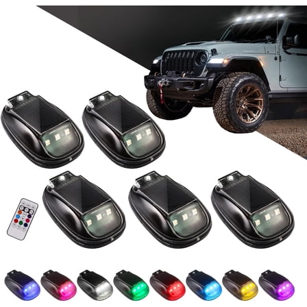 5PCS Wireless Solar Cab Roof Lights, No Drill 8-Color LED Marker Lights with Vibration Sensor & Type-C Charging for Truck SUV Jeep
