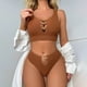thumbnail image 5 of Gibobby Conjunto de pijama Pijamas de mujer Sexy sólido en forma de corazón ahueca hacia fuera sin mangas pantalones cortos lencería ropa de dormir conjunto(Marrón,G), 5 of 5
