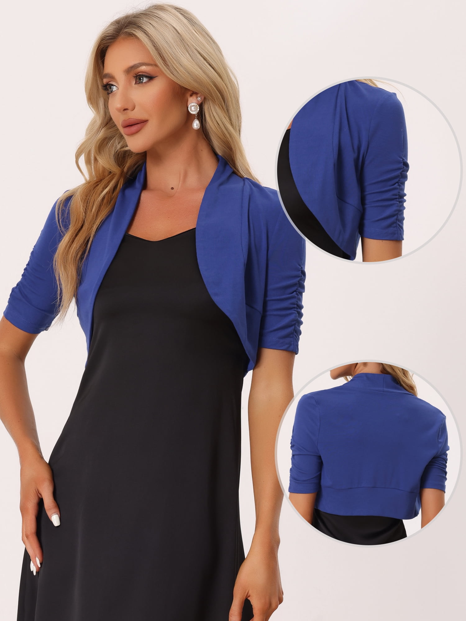 DARING DIVA Women's Ruched Short Sleeve Shrugs Bolero Cropped Cardigan M Royal Blue
