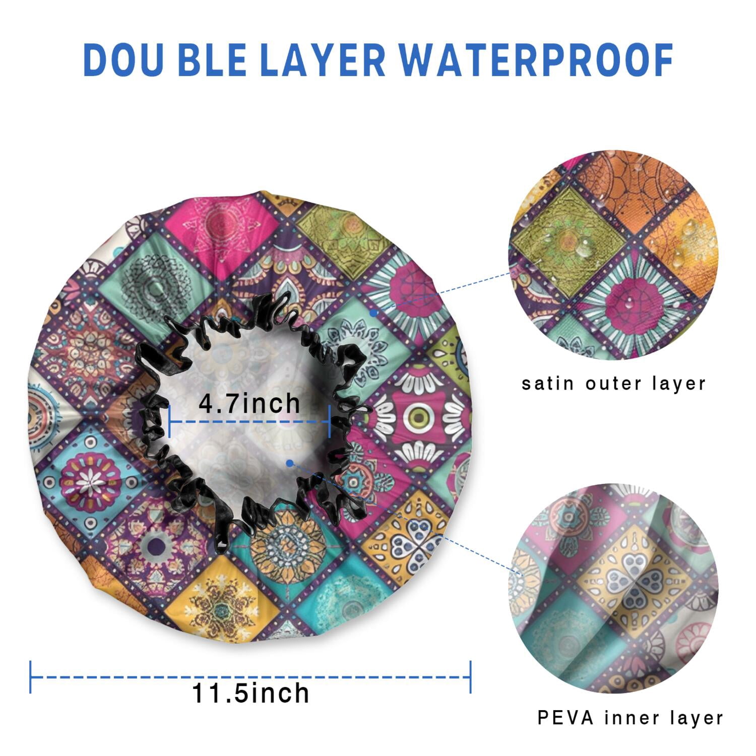 Shower Caps,Multicolor Ethnic Geometric Patchwork Pattern Waterproof Shower Cap for Women 4 Pieces,Double Reusable Hair Cover for Shower PEVA Elastic Stretch Hem