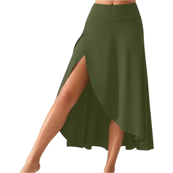 LWavelet High-Waisted Asymmetrical Slit Midi Skirt Women Flowy Fall Casual Versatile Stylish Bottoms Army Green 2XL