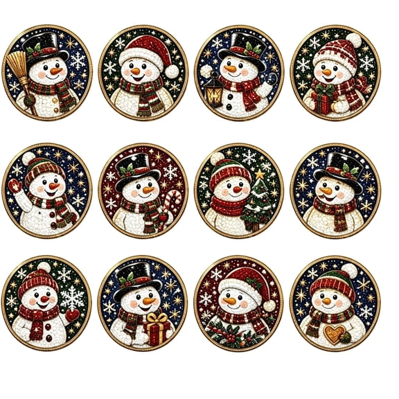 12‑Pack Snowman Rhinestone Art Hanging Ornament Kit, Wooden DIY Hand‑Craft Set, Sparkling Faceted Bead Winter Snowman Pendant, Beginner‑Friendly Christmas Tree Decor & Holiday Gift‑Making Supplies