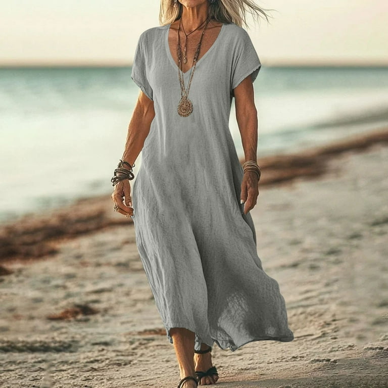 gakvbuo Plus Size Maxi Dresses for Women Summer Cotton Linen Gauze Dress  Casual Short Sleeved V-Neck Solid Color Ruffle Hem Flowy Vacation Beach  Dress - Walmart.com