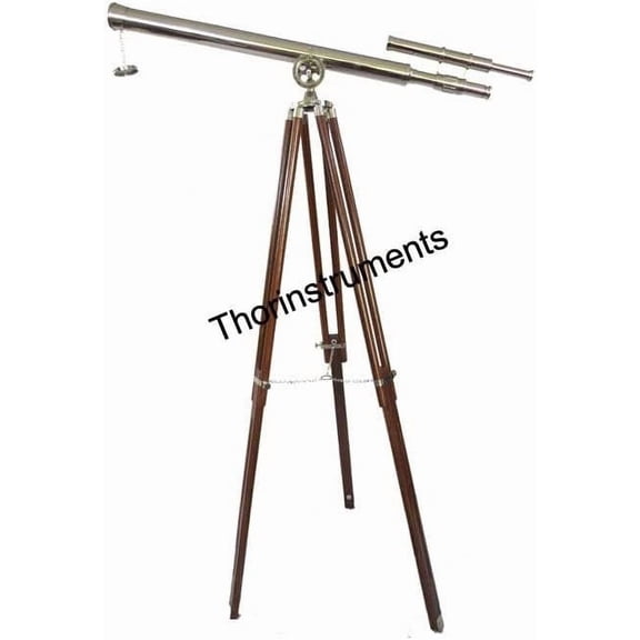 Vintage Solid Brass Marine Navy Double Barrel Telescope Brown Wooden Tripod Rustic Vintage Home Decor Gifts
