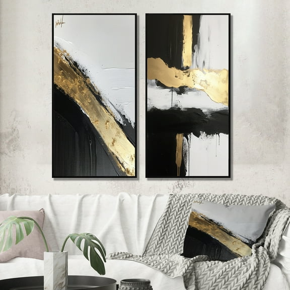 Designart "Geometric Essence Minimalist Abstract Painting in Gold I" Abstract Painting Framed Wall Art Set Of 2 - Modern Gold Framed Canvas Set For Living Room Decor