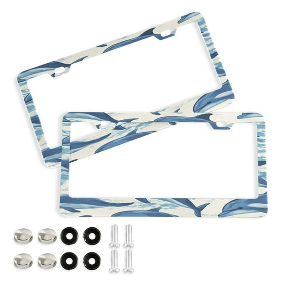 2-Pack Aluminum License Plate Frame with 2 Holes for GM License Plate Cover with Free Screws Dolphins Swimming