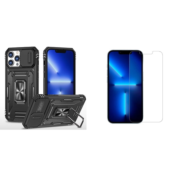 Bemz Hybrid Armor Case for iPhone 14 Pro Max (Rugged Protector with Camera Protection Cover and Rotating Ring Stand) with (2-Pack) Tempered Glass Screen Protectors - Black