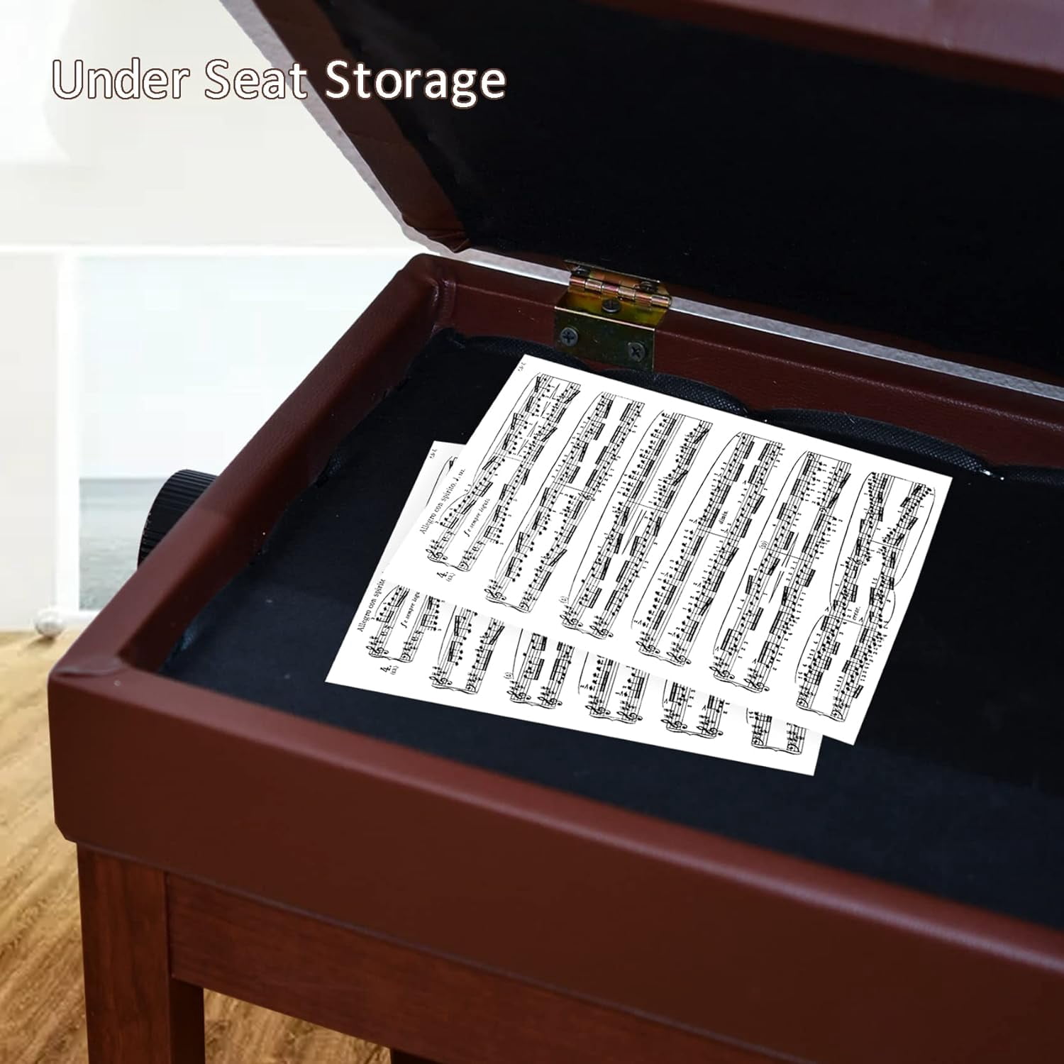 Piano Bench Adjustable with Storage, Brown Piano Bench Cushions Leather & Solid Wood,Music Bench, Piano Stool