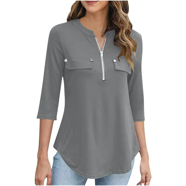 Timegard Hauts pour Femmes Col en V Fermeture Éclair Manches 3/4 Blouse Confortable Automne Tunique Décontractée pour Leggings