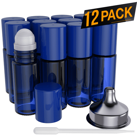 12 Pack - Essential Oil Roller Bottles [Plastic Roller Ball] FREE Plastic Pippette and Funnel - Refillable Glass Color Roll On for Fragrance Essential Oil - 30ml 1 oz