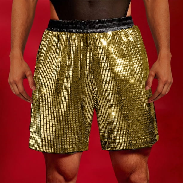 Ceisia Men's Gift Relaxed Full Sequin Party Shorts Mid-Rise Elastic Color-block Waist Nylon Spandex Hidden Drawstring Shorts