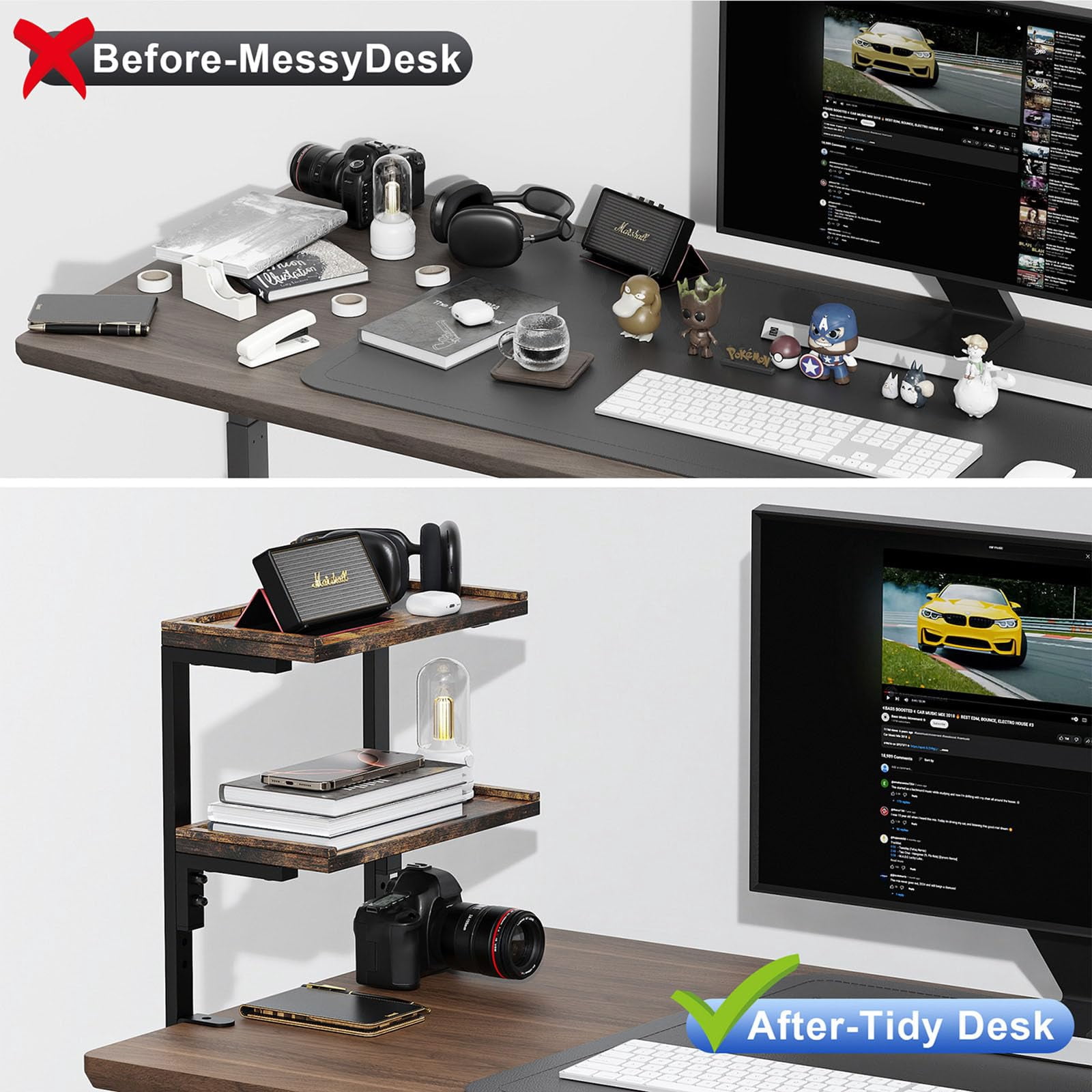 2-tier Desk Shelf  Expandable Under Storage Clamp On Desktop Accessories For Offices Study Rooms And Game (wood)