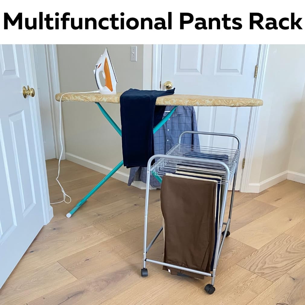 Evelots Pants Rack with 20 Pants Hangers Rolling Trolley Cart - Skirt Hangers, Jean Organizer for Closet
