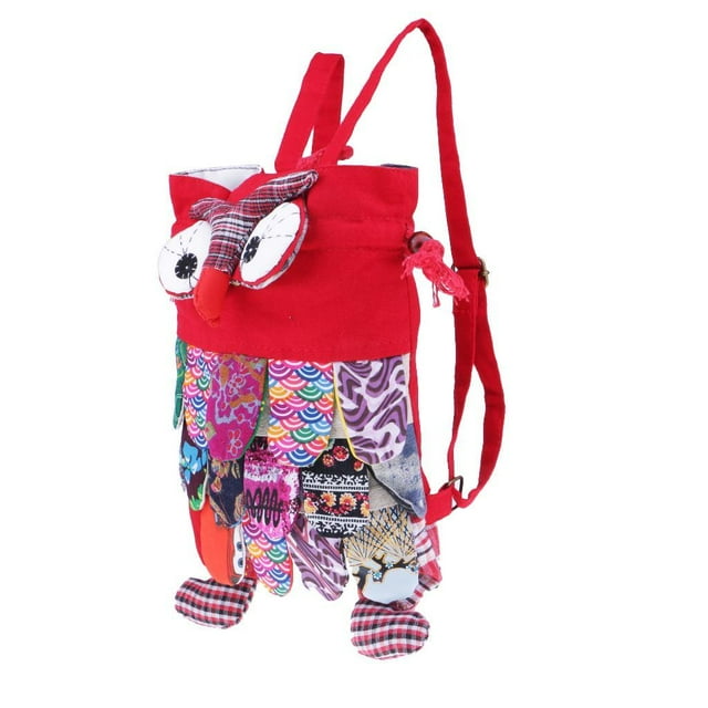 KLKCMS Children Creative Owl Backpack Cute Red Ethnic Patchwork Owl Backpack Bag