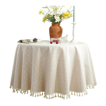 

Round Tablecloth Wrinkle Free Daisy Print Tablecloth With Tassel Washable Polyester Cotton Round Table Cover For Living Room cafe party picnic-White-150CM