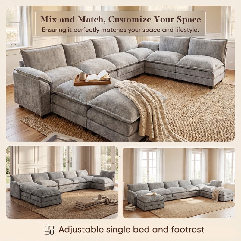 Lacoo 6-Seat Cloud Couch Extremely Flexible Combination Sectional with Reversible Chair & Movable Footrest, Gray