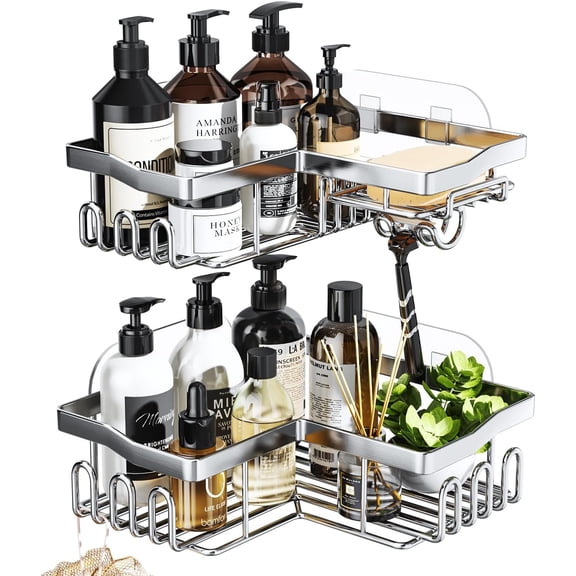 Shower Caddy Corner with Soap Holder, 2-Tier Stainless Steel Corner Shower Organizer with 11 Hooks, No Drilling & 6 Strong Adhesives Bathroom Shelf Organizer, Silver - 2 Tier