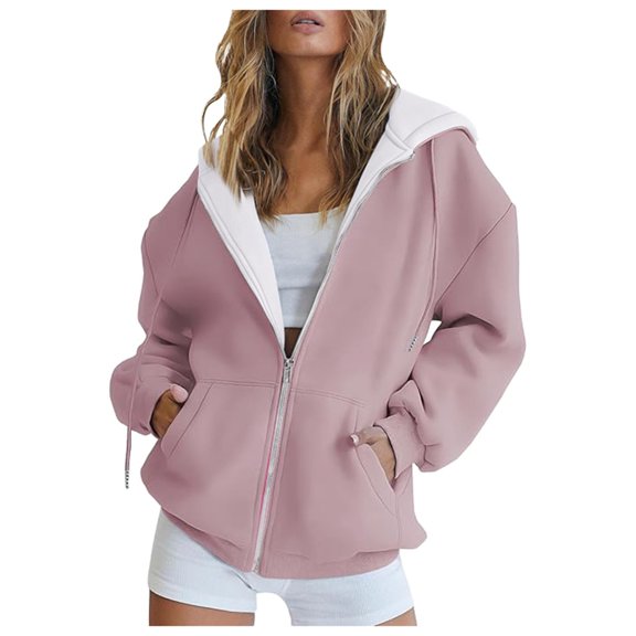 Gyexs Women's Long Zip Up Oversized Hoodie Full-Zip Hooded Sweatshirt Fall Oversized Fleece Jackets Long Sleeve Tops with Pocket, Pink, Size S