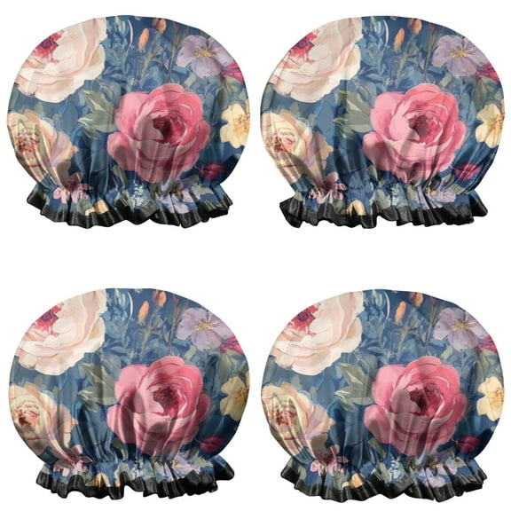 Shower Caps,Pioneer Flower Floral Print Pattern Waterproof Shower Cap for Women 4 Pieces,Double Reusable Hair Cover for Shower PEVA Elastic Stretch Hem