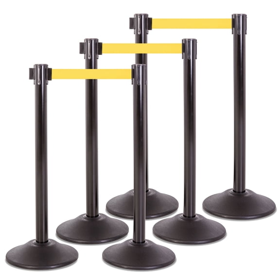 US Weight Heavy Duty Premium Black Steel Stanchion with Yellow 7.5-Foot Retractable Belt- 6 PK