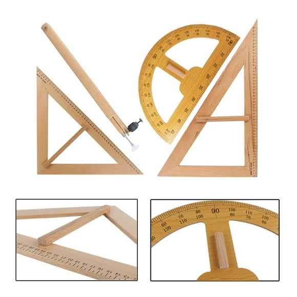 Wood Maths Geometry Set, Protractor, , 90 degree Ruler, Ruler Large with Handle for Teachers Blackboard Draftsman Learning Engineering